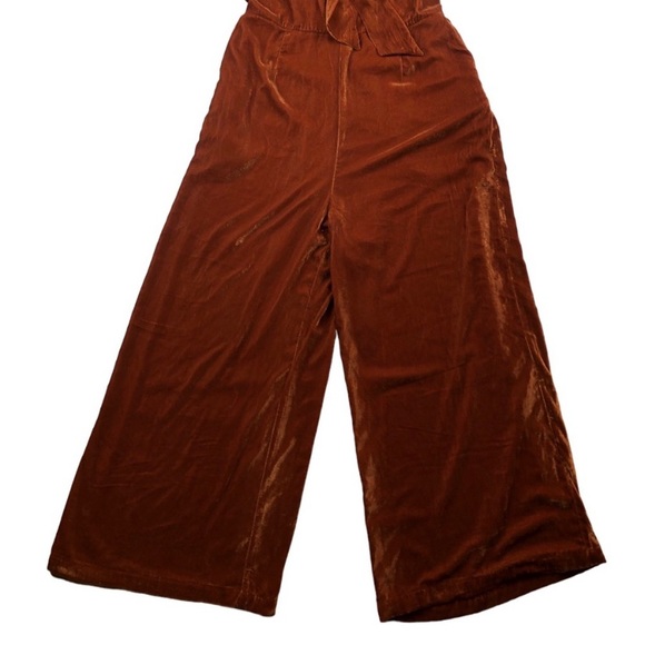 Anthropologie Kristinit Velvet Jumpsuit Rust Orange Brown Copper Ruffle Halter L - Picture 6 of 6